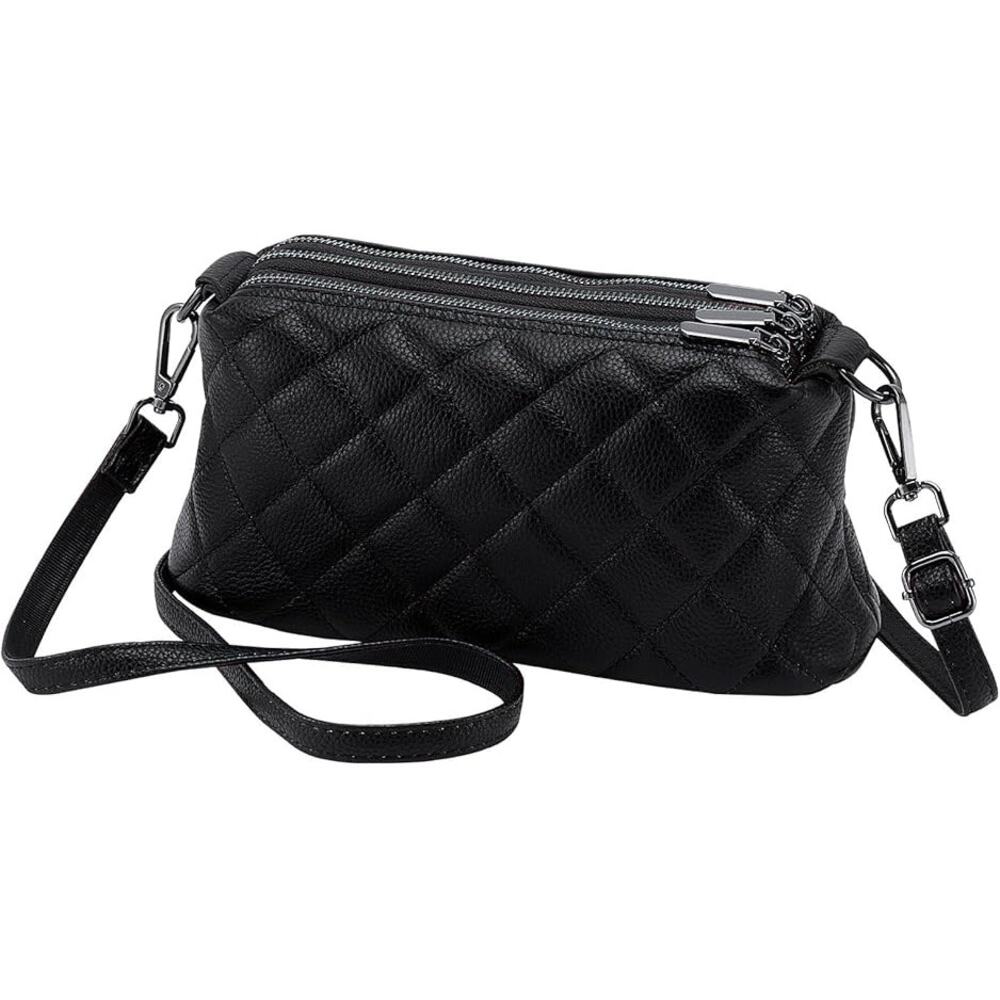 NEW Black Quilted Crossbody Bag  Triple Zipper Vegan Leather Shoulder Purse